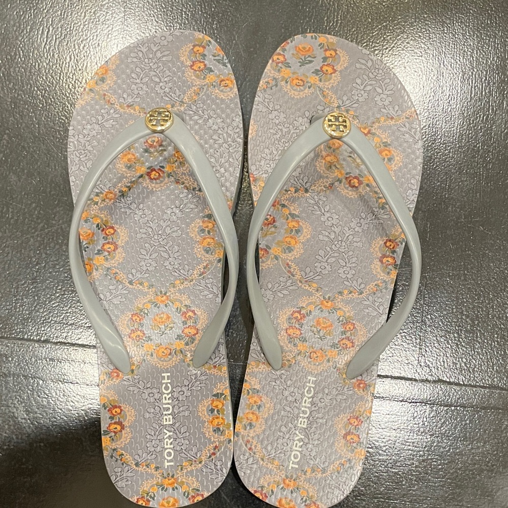 Tory Burch Floral Gray and Orange Sandals